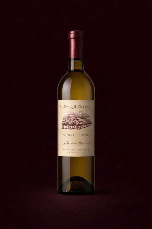 Botella de vino Henrique de Benoit. Parcela Opus X de 1933. El malvar madrileño, la variedad por antonomasia de Madrid. Regionalista e indígena, que hace de cada elaboración una botella única. Vino auténtico y leal al terruño. Pueblo de Madrid. Bodega Familiar Madrileña